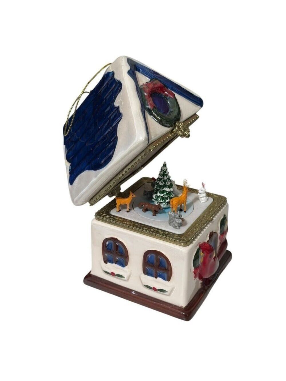 2011 MR CHRISTMAS PORCELAIN MUSIC HINGED HOUSE ORNAMENT MOVING CRITTERS INSIDE